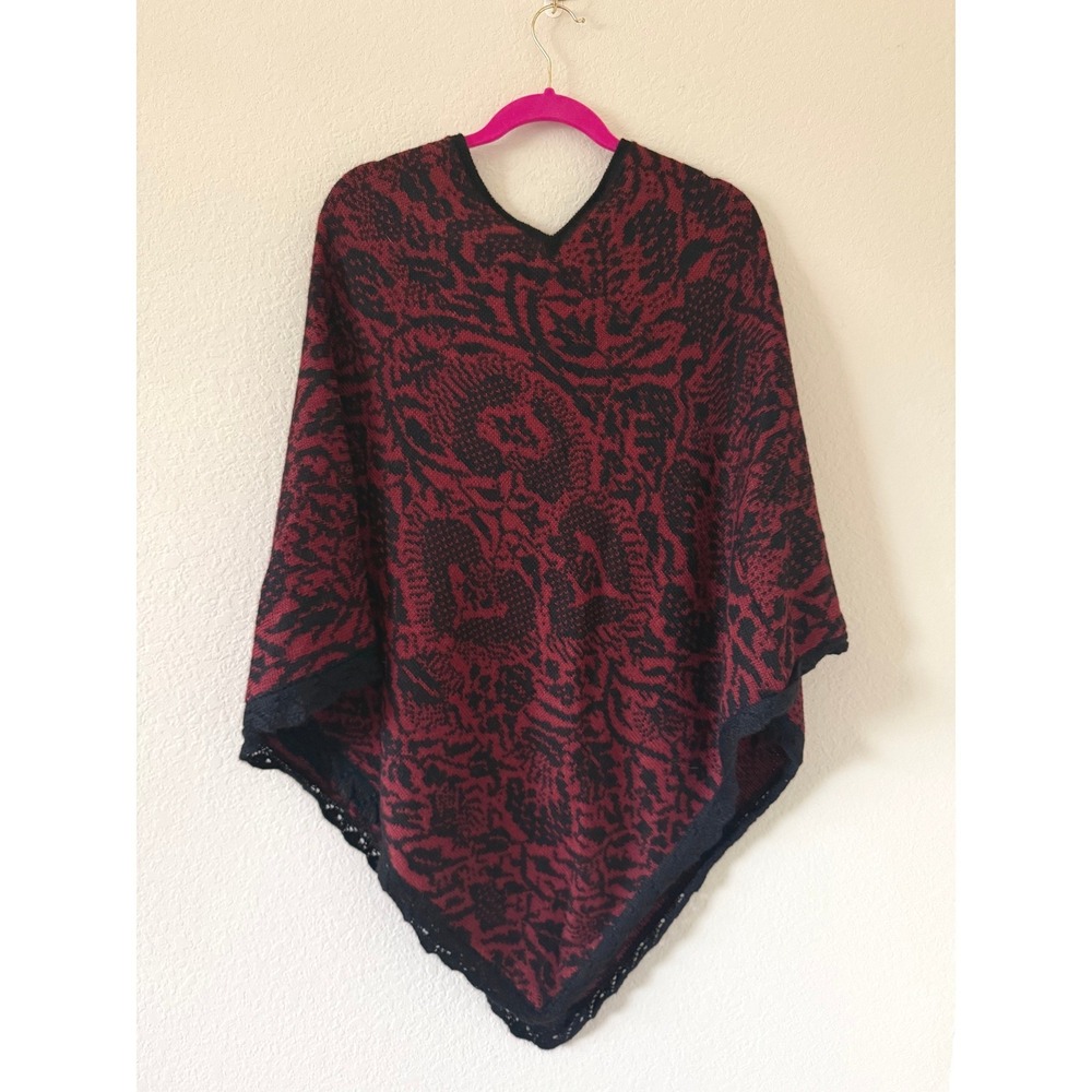 Peruvian Connection Alpaca Wool Poncho Burgundy Black Lace Trim L/XL Cottage - Picture 2 of 6